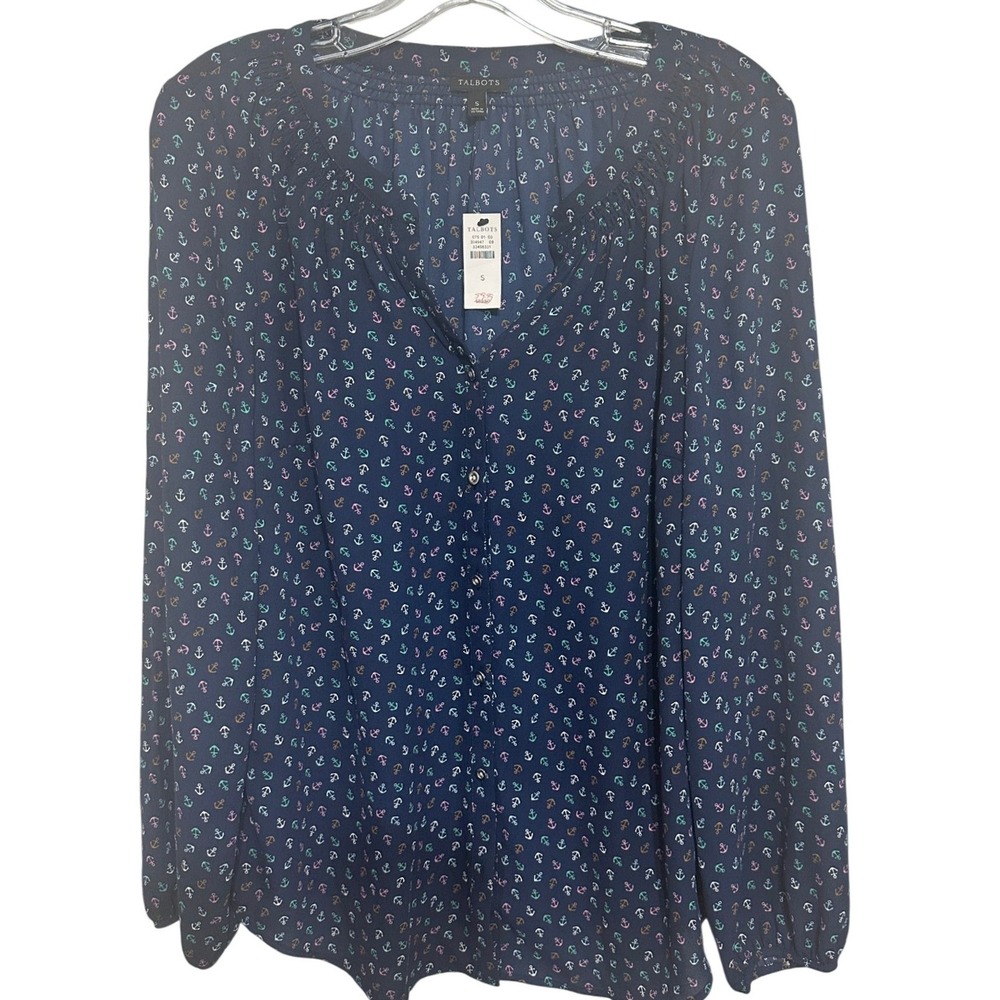 Talbots‎ Womens Blouse Navy Blue Anchor Print Smocked Coastal Nautical S NWT